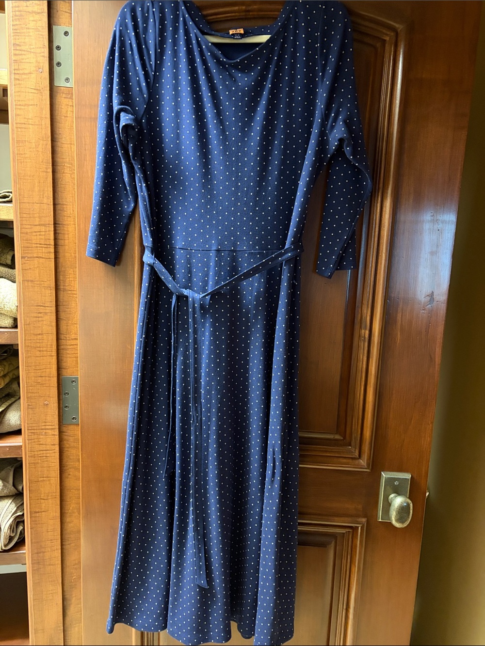 Lands' End Navy Polka Dot Maxi Dress with Tie Waist